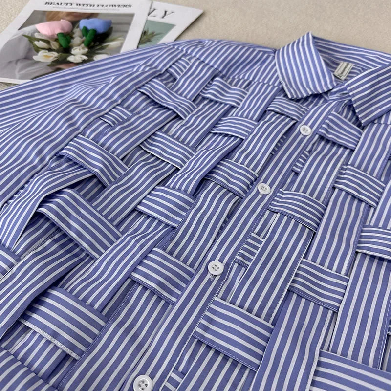 Maxy Women Plus Size Shirt Long Sleeve Blue Hollow Out Polo Collar Blouse Loose Fashion Patchwork Female Shirts Chic Top New