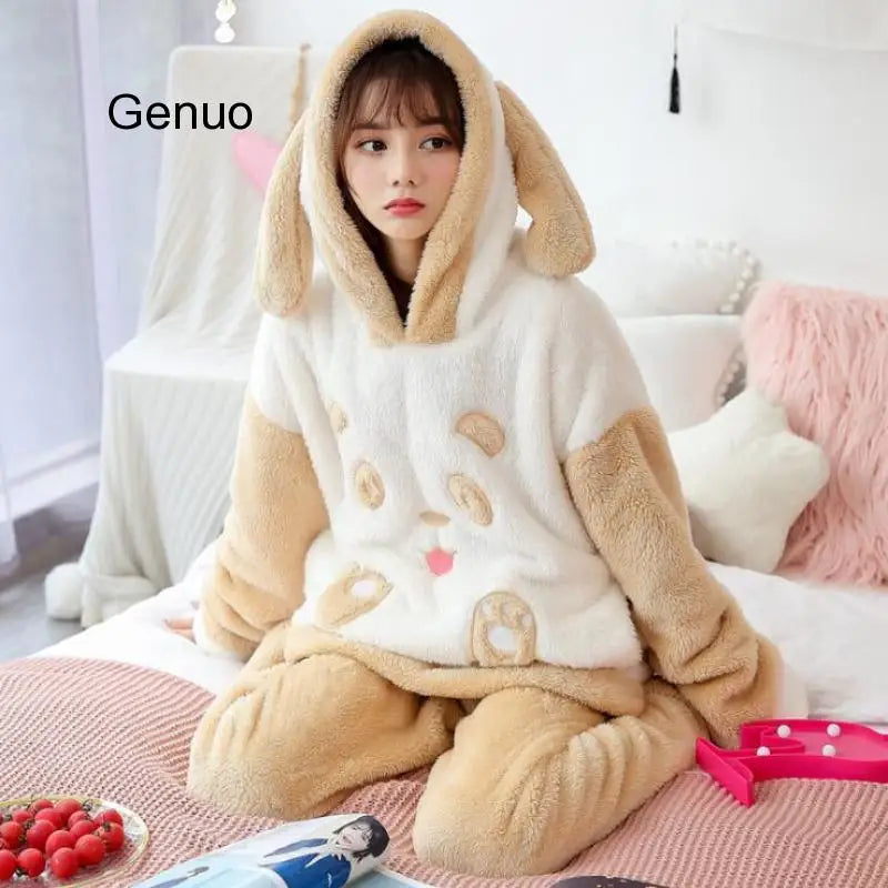 Winter Thick Warm Flannel Pajamas Sets For Women Sleepwear Pajama Homewear Pyjamas Set Cartoon Cute Warm Hooded Rabbit Gowns