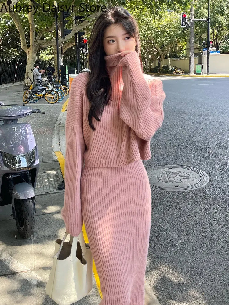 Maxy Elegant Sweet Knitted Dress Women Winter Korean Vintage Chic High Collar Sweater Dress Casual Slim 2 Piece Sets Womens Outfits
