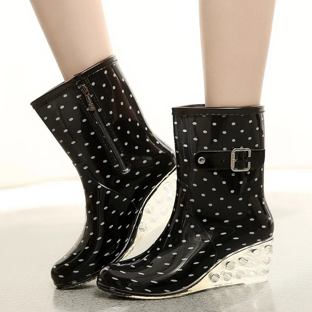 Maxy Punk Low Length Snow Boots Women's Non-Slip Dot Print Transparent Side Zipper Rain Boots Outdoor Wedge High Heels Water Shoes