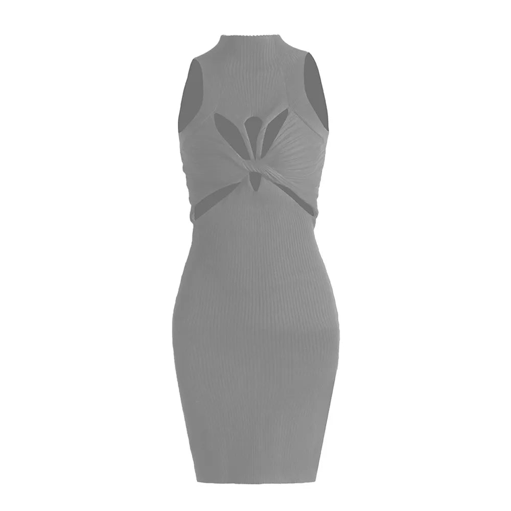 Maxy TWOTWINSTYLE Knitting Hollow Out Dresses For Women Stand Collar Sleeveless High Waist Temperament Slimming Dress Female Clothing
