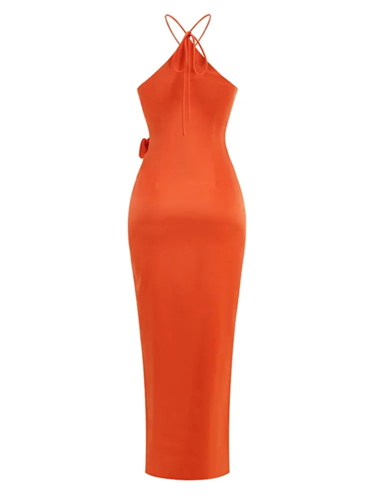 Maxy Women Orange Evening Party Dress Halter Appliques Slim Long Soft Comfortable One Piece Celebrity Gowns Korean Gala Dress