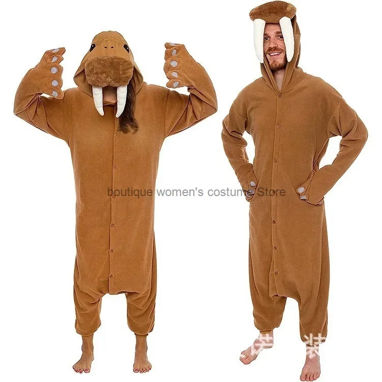 Maxy Christmas Cosplay Adult Cartoon Turkey Pajamas Reindeer Snowman Flannel Sleepwear Jumpsuit Costume Halloween Carnival Party Suit