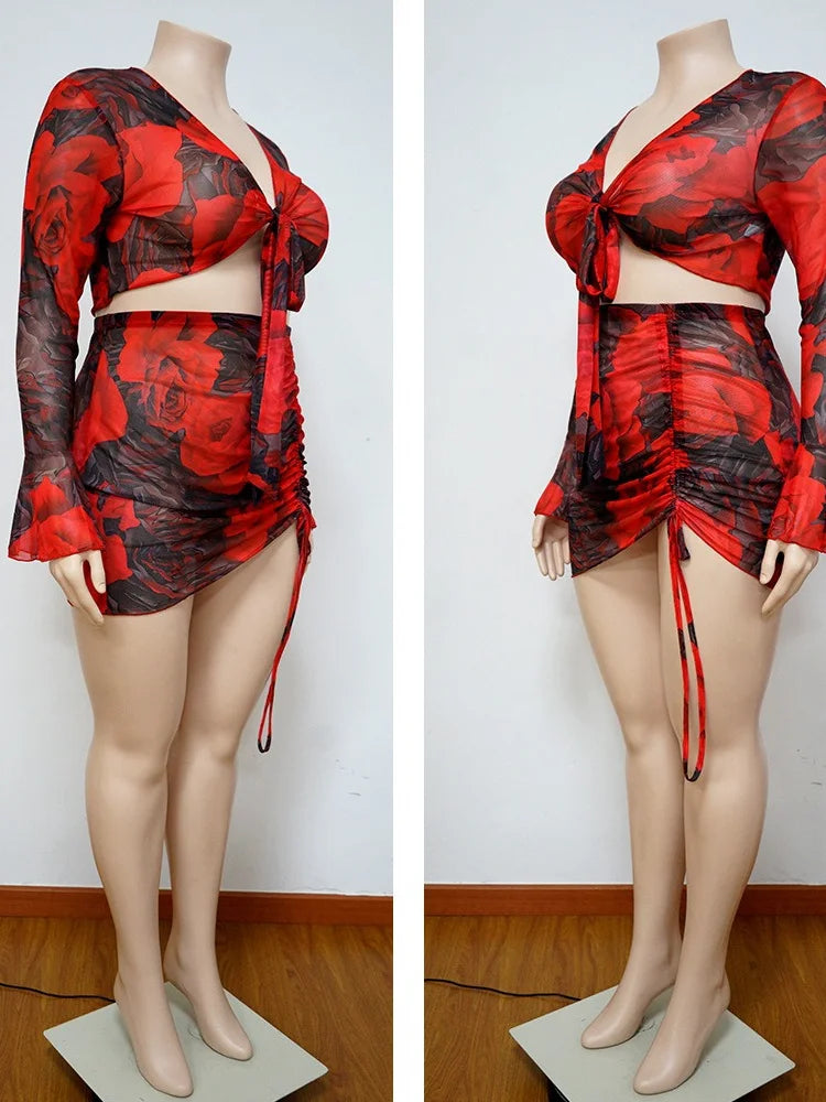 Wmstar Plus Size Women's Clothing 3xl 4xl Mesh Dress Sets Two Piece Set Bandage Short Skirts Printed Wholesale Dropshipping 2024