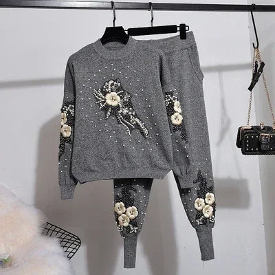 Maxy Autumn New Tracksuit Women Beading Flower Knitted Sweater + Pencil Pants Two Piece Set Female Casual Pullover Tops Trousers Suit