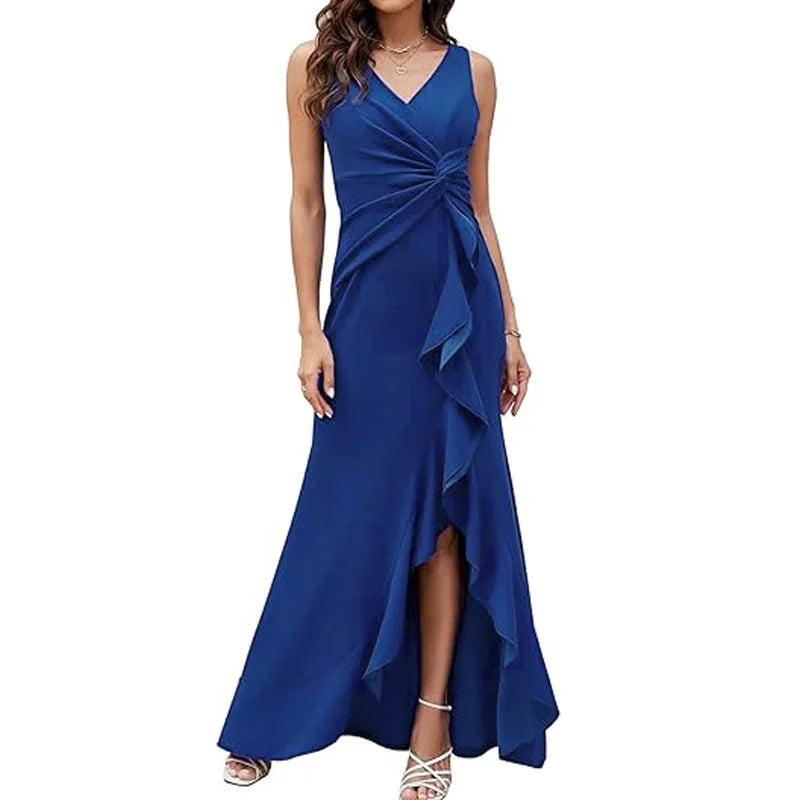Maxy Elegant V-Neck Party Maxy Dress Women Fashion Sleeveless Ruffle Split Gown Prom Dress Ladies Slim Fit Tie Up Bodycon Gala Dress