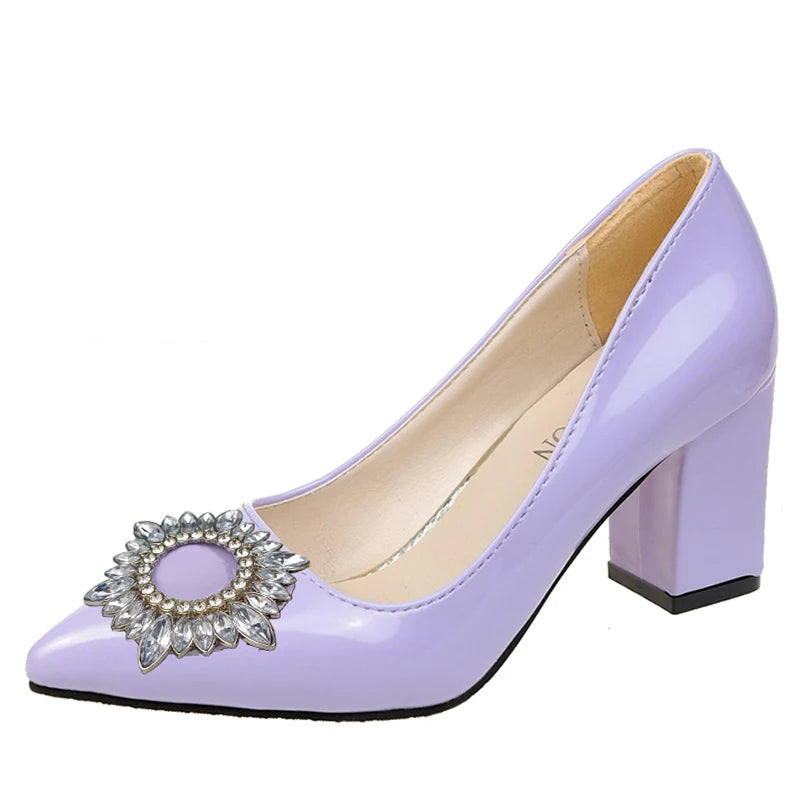 Amay Extravagant Crystals Buckle Pumps Women's Shoes 7cm Chunky High Heel Pointed Toe Patent Leather Shoes Female Plus Size 49 50