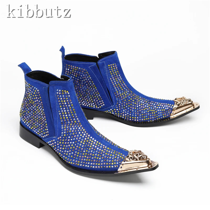 Maxy Fashion Rhinestones Suede Leather Ankle Boots Men New Luxury Metal Toe Chelsea Boots Male Party Dress Shoes
