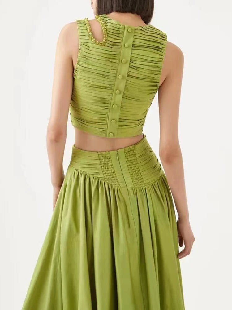Maxy Slim Two Piece Sets For Women Round Neck Sleeveless Hollow Out Pleat Crop Tops Irregular Hem Pleated Skirt Solid Set Female
