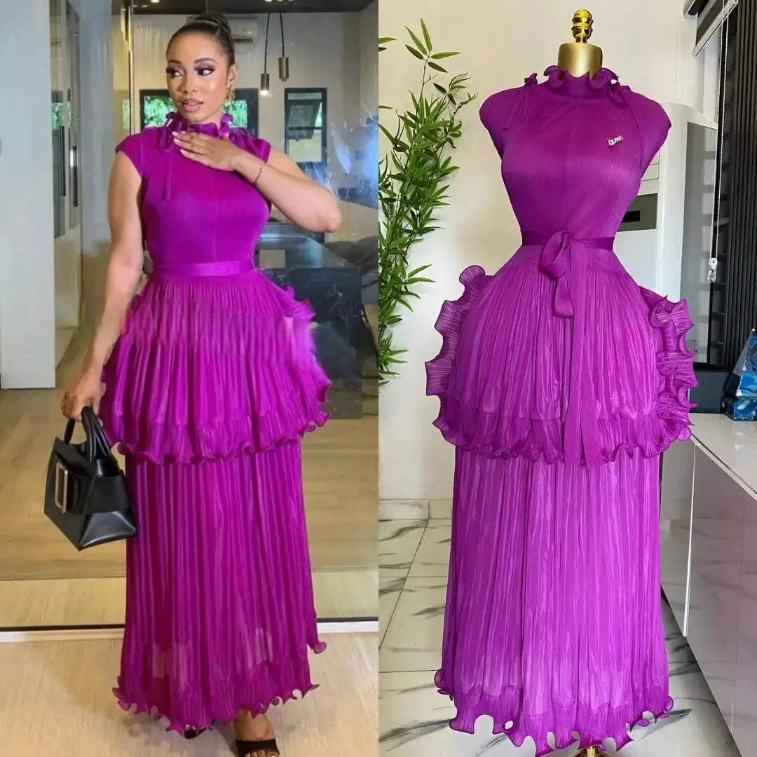 Maxy Summer New Pleated Dress Women's Solid Sleeveless Ruffles Lace Bottom Skirt with Belt Fashion Female Dresses