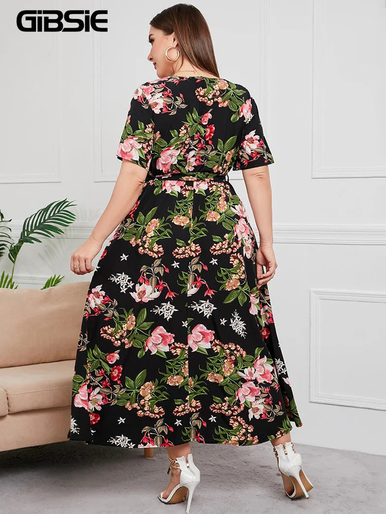 Gacy Plus Size V Neck Floral Print Boho Dress Women Summer Short Sleeve Maxy Dresses Holiday A-line Female Belted Dress