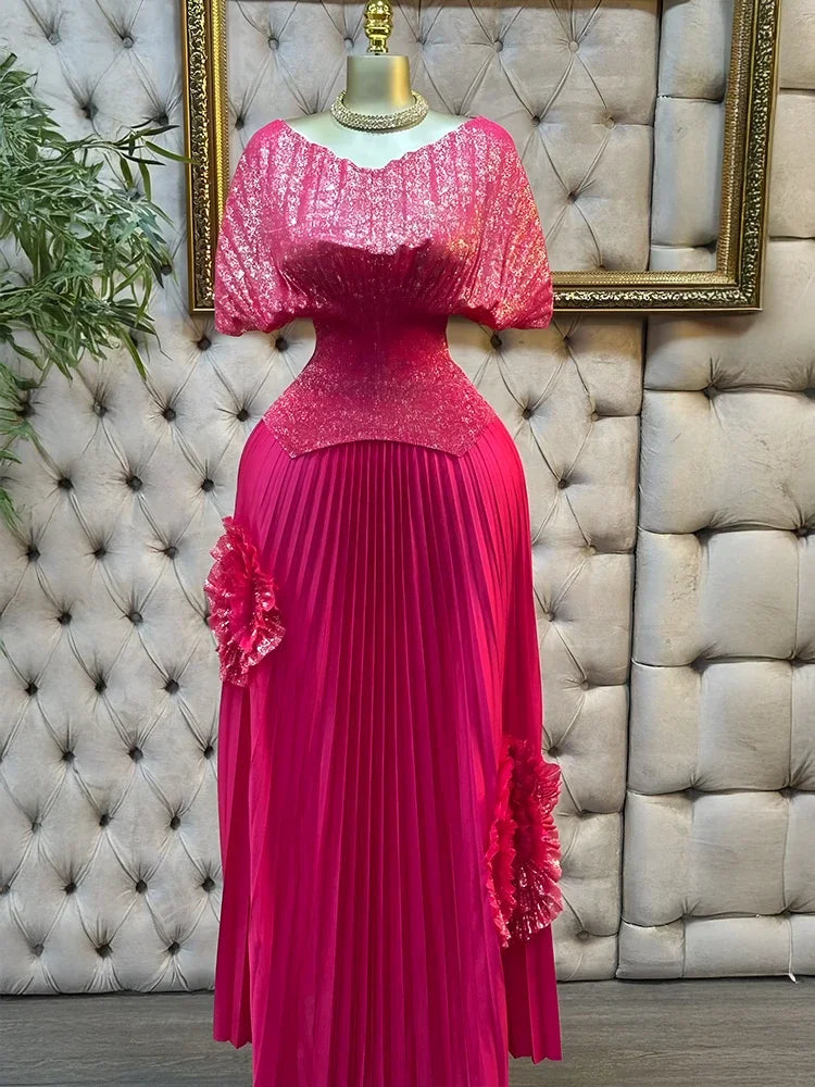 Maxy 2 Piece Women's Suit Elegant Plus Size Pleated Stretchy Glitter Top Skirt Dress Luxury Party Dress Long Prom
