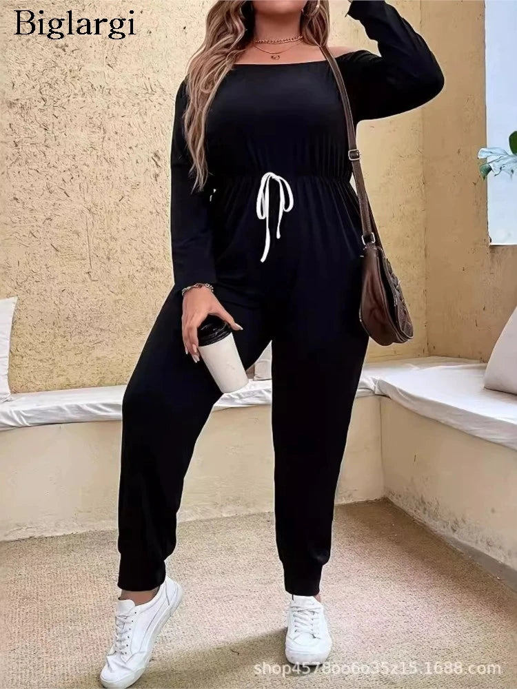 Babs Plus Size Summer Elastic High Waist Jumpsuit Women Off Shoulder Fashion Ladies Jumpsuits Loose Long Sleeve Woman Jumpsuit