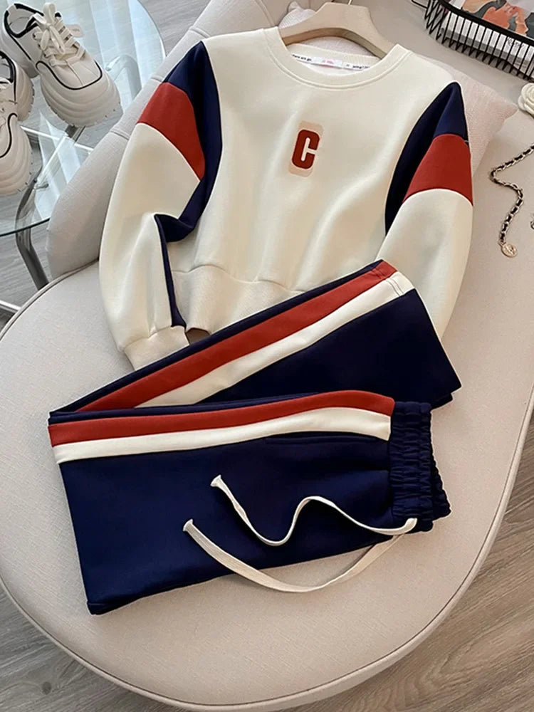 Maxy Fashion Casual Sporty Two-piece Set Women Letter Print O-neck Sweatshirt + Drawstring Trousers Sets Sports Pants Suits