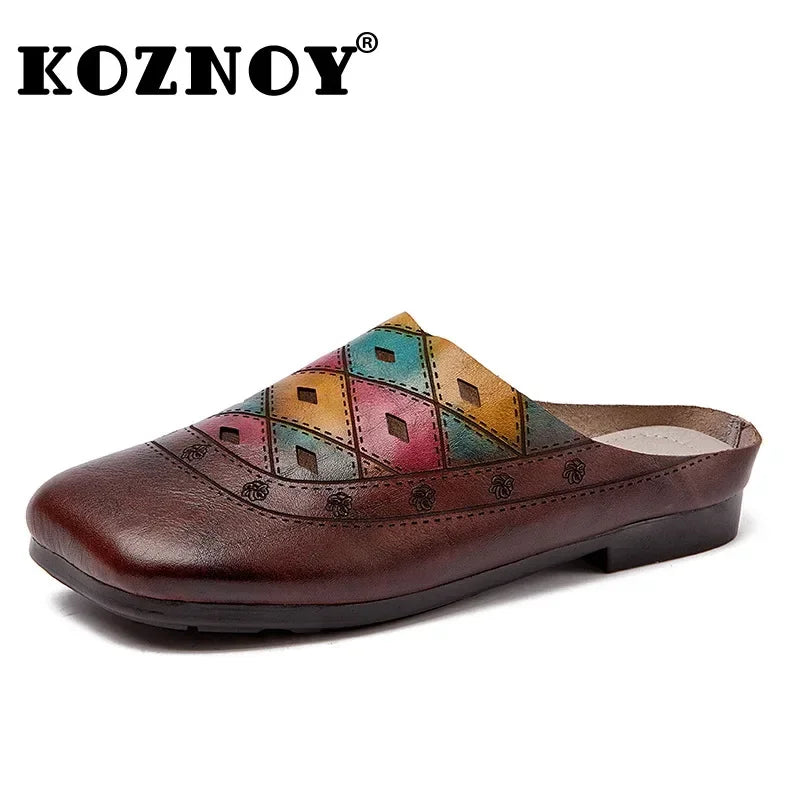 Maxy 2cm Cow Sandals Hollow Genuine Leather Comfy Flats Artistic Round Toe Slippers Women Shoes Summer Beach Loafer Leisure