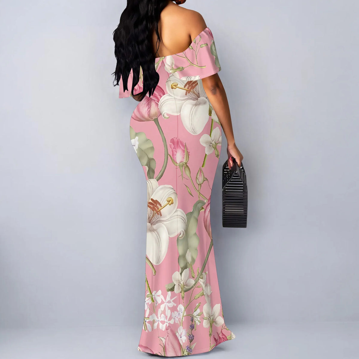 Maxy Pink Floral Print Off Shoulder Ruffle Dress Women Slim Fit Elegant Summer Party Dress