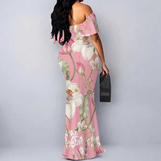 Maxy Pink Floral Print Off Shoulder Ruffle Dress Women Slim Fit Elegant Summer Party Dress