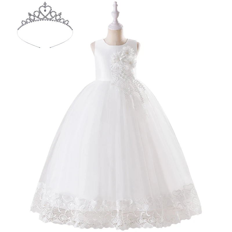 Maxy Luxury Little Girls First Communion Party Dresses Flower Girl Weddings Elegant Dresses for Girls White Evening Children Clothing