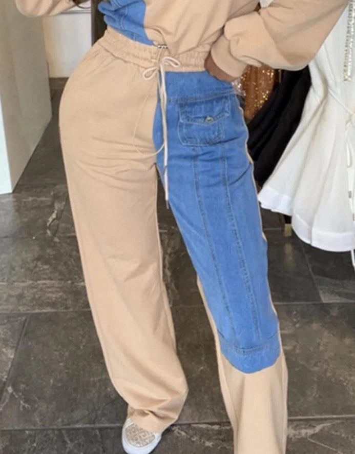 Maxy 2 Piece Long Sleeve Demin Patchwork Crop Drawstring Sweatshirt High Waist Pants Set Tracksuit 2024 Autumn Winter Fashion Casual