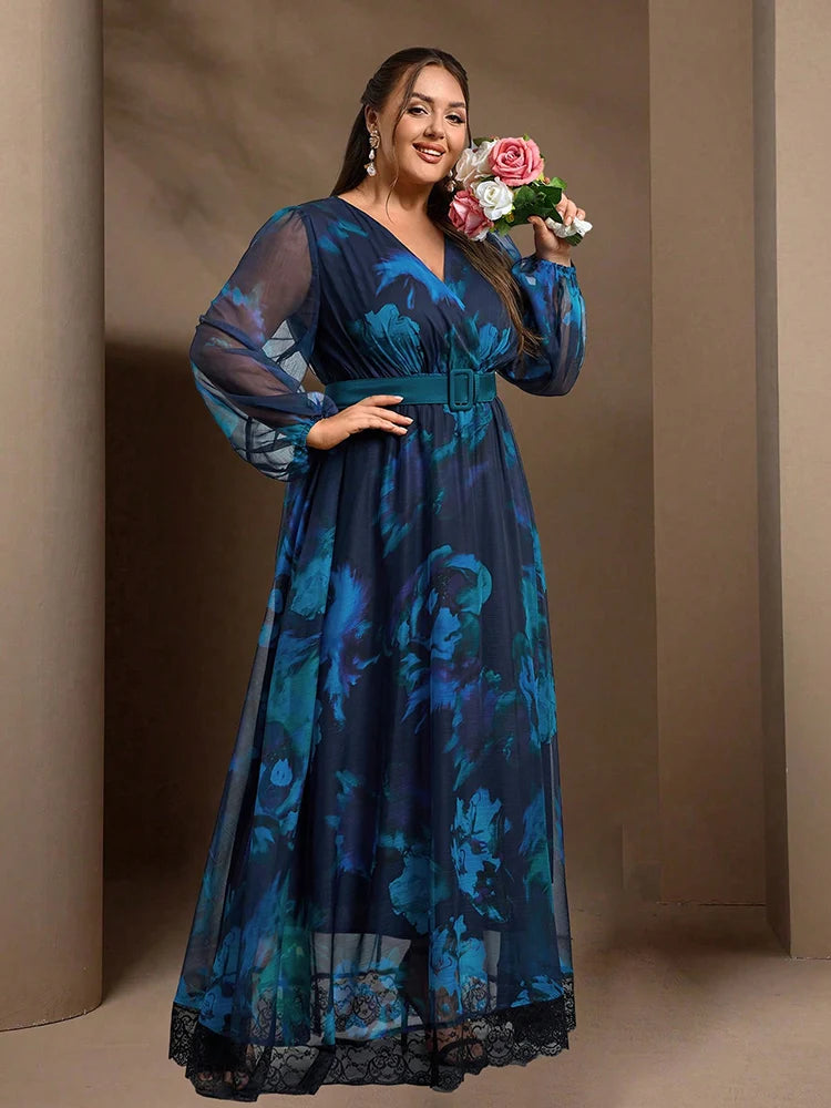 Maxy New Women's Casual Elegant Formal Party Long Dresses Plus Size Floral Print Lantern Sleeve Contrast Lace Dress