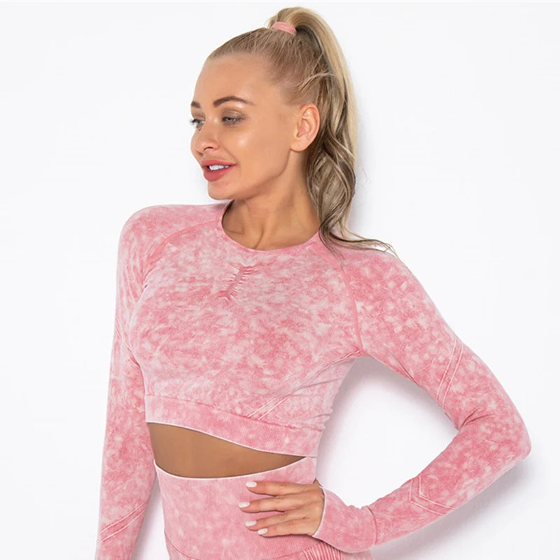 Seamless Sports Suits Women O-neck Crop Tops Long Sleeve Push Up Leggings Sets Gym Wear Summer Two Pieces Sets Tracksuit Feamle