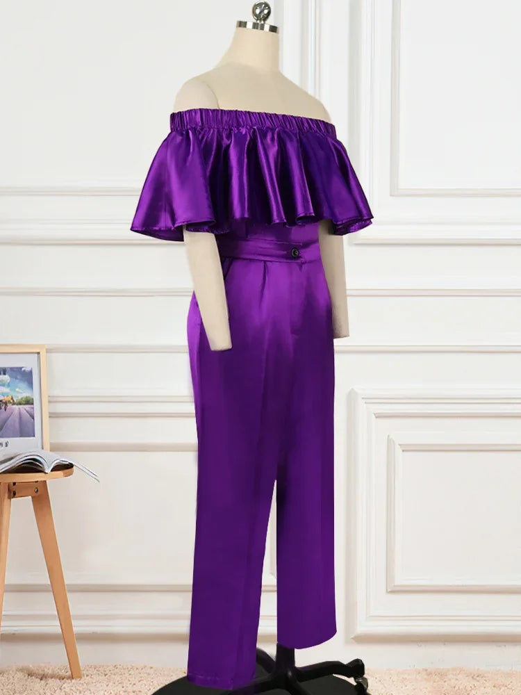 Zay Women Stylish 2 Pieces Set Shiny Satin Purple Ruffle Hem Cropped Tops and Straight Trousers Pockets Summer Party Streetwear