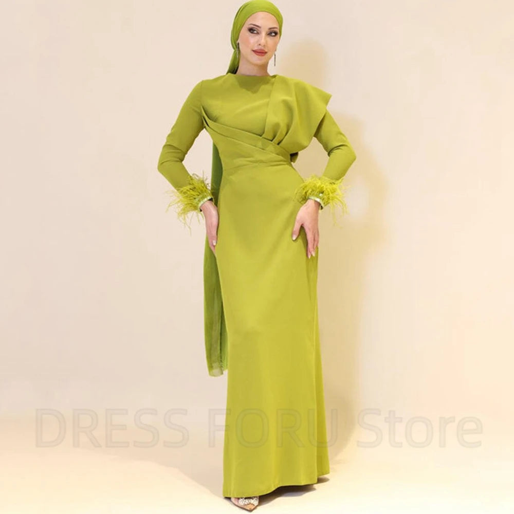Maxy Chic Muslim Long Sleeves Evening Dress with Pleat and Feathers Straight Women Floor Length Gowns for Wedding Party Guest