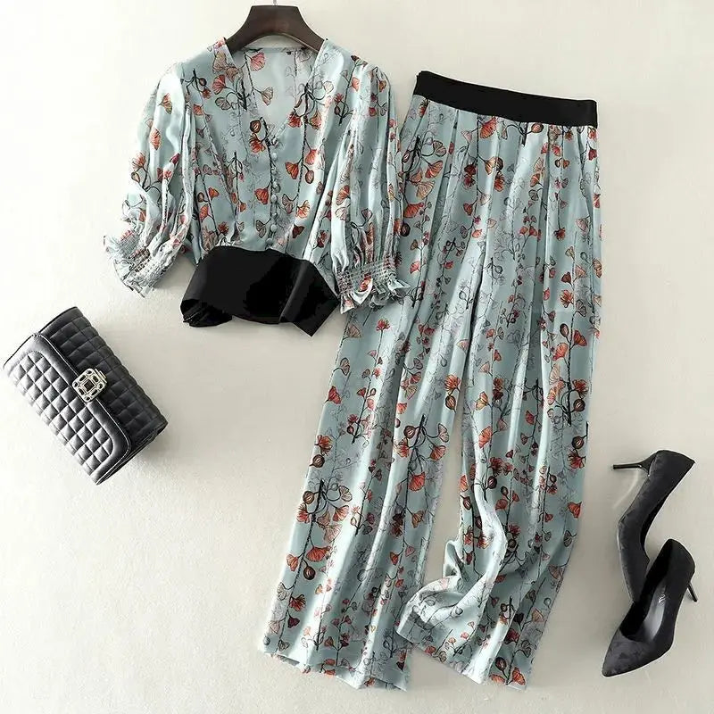 Maxy Fashion Women's Suits Summer Short-sleeved Puff Sleeve Short Blouses Casual Loose Trousers Thin Trend Temperament 2 Piece Sets