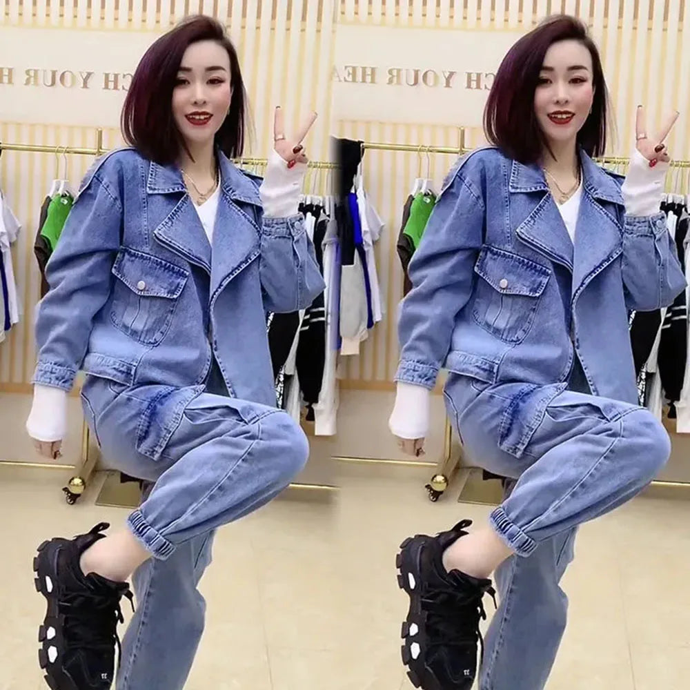 Maxy Autumn Oversize Denim Coat Jacket + High Waits Loose Jeans Women Pants Two-piece Outfits Women Denim Trouser Suit Fashion