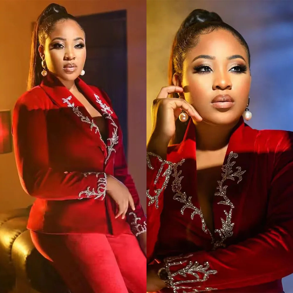 Maxy Dark Red Velvet Women Suit Set 2 Pieces Crystal Beading Wedding Tuxedos Formal Luxury Office Lady Jacket Coat Tailored