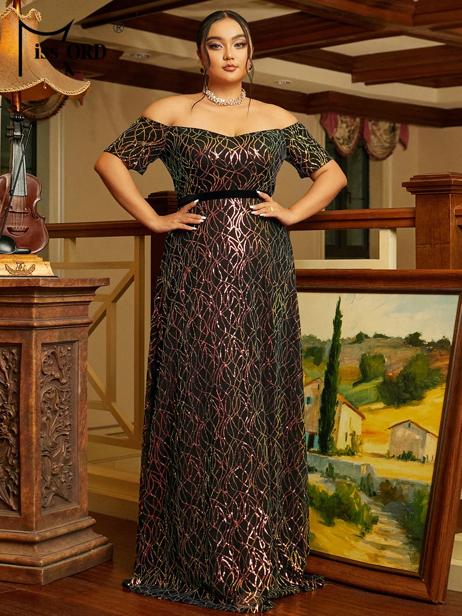 Maxy Plus Size Off Shoulder Sequin Black Evening Dress Chic Elegant Woman Dress Formal Occasion Dresses
