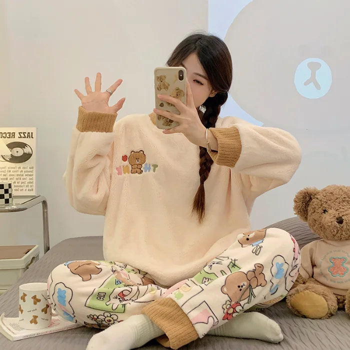 Max Snoopy Cinnamoroll Pajamas Winter Thick Flannel Round Neck Home Clothing Long Sleeved Top Pants Set Girl Christmas Gift