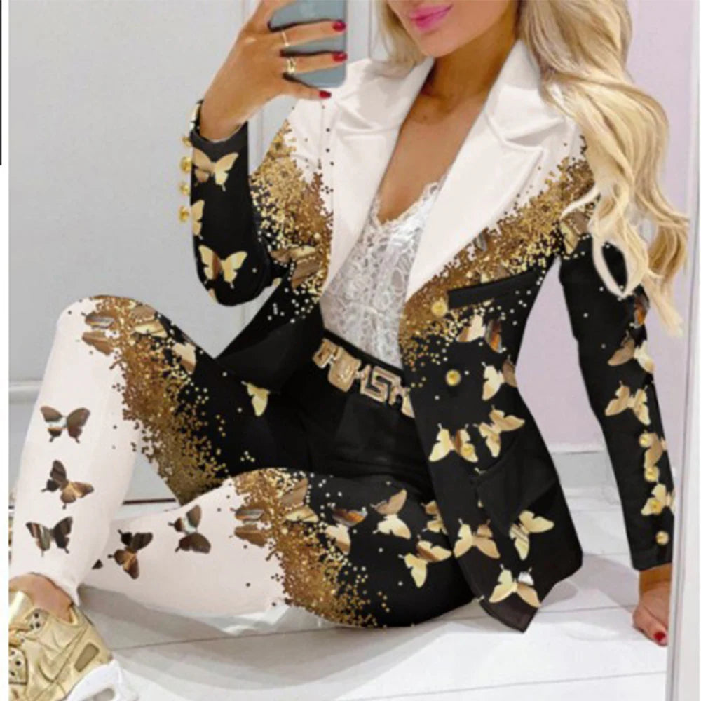 Maxy Fashion Butterfly Print Blazer Suit and Pants Two Piece Set for Women Autumn Winter Outfit Office Lady Casual Clothing