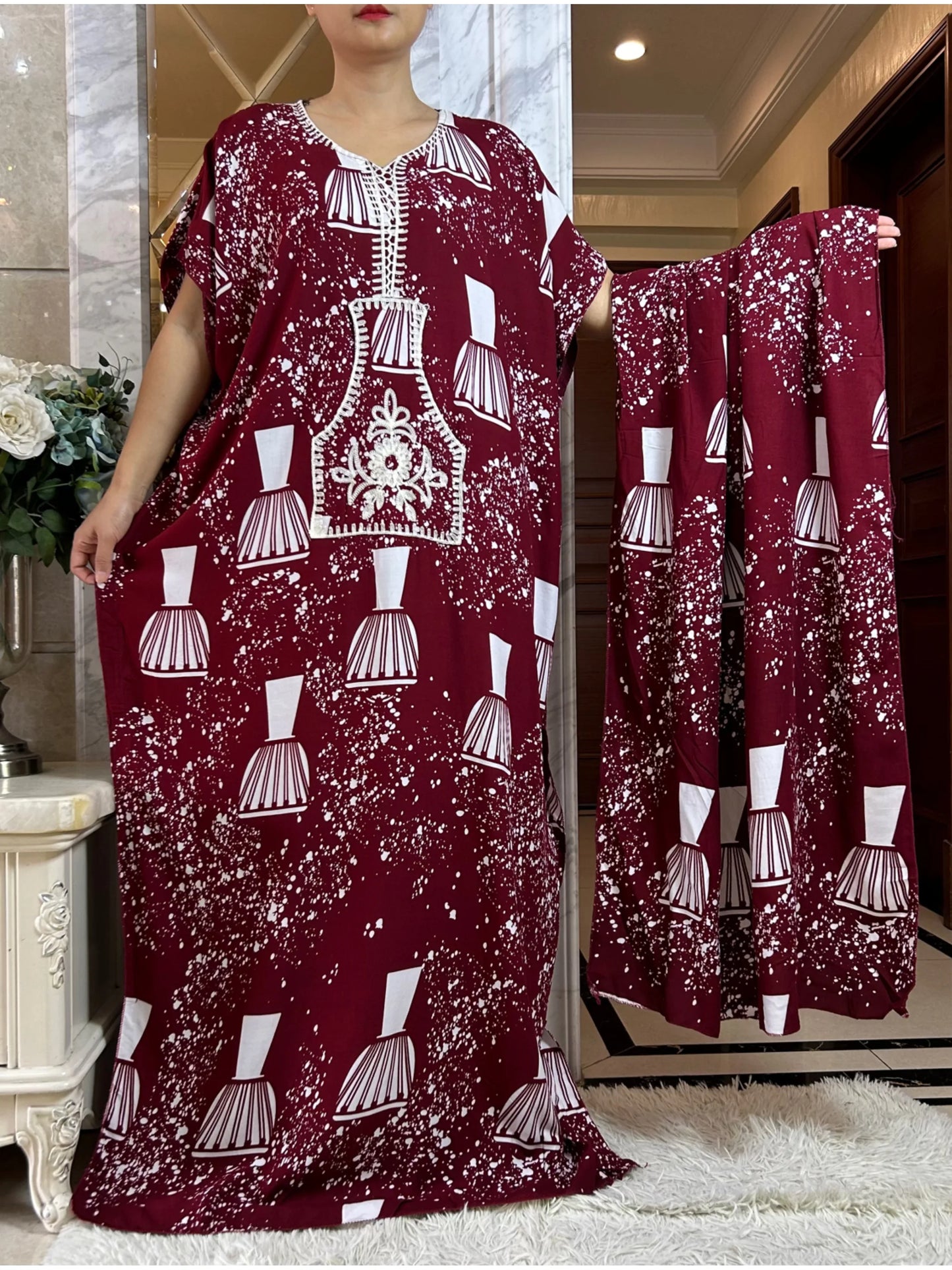 Macy Latest Autumn African Lady Dress with Big Scarf   Cotton Printed Loose Floral Boubou Pocket Maxi Islam Women Short Sleeve