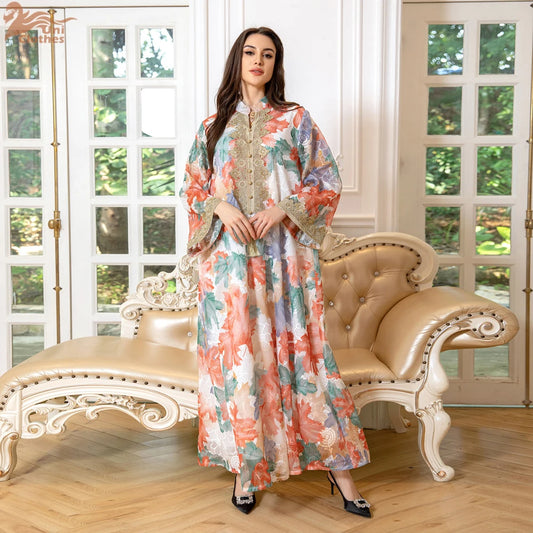 Uni Dubai Arab Fashion Printing Elegant Party Dresses Jalabiya Islamic Clothing Muslim Saudi Moroccan Women Kaftan Eid Robe