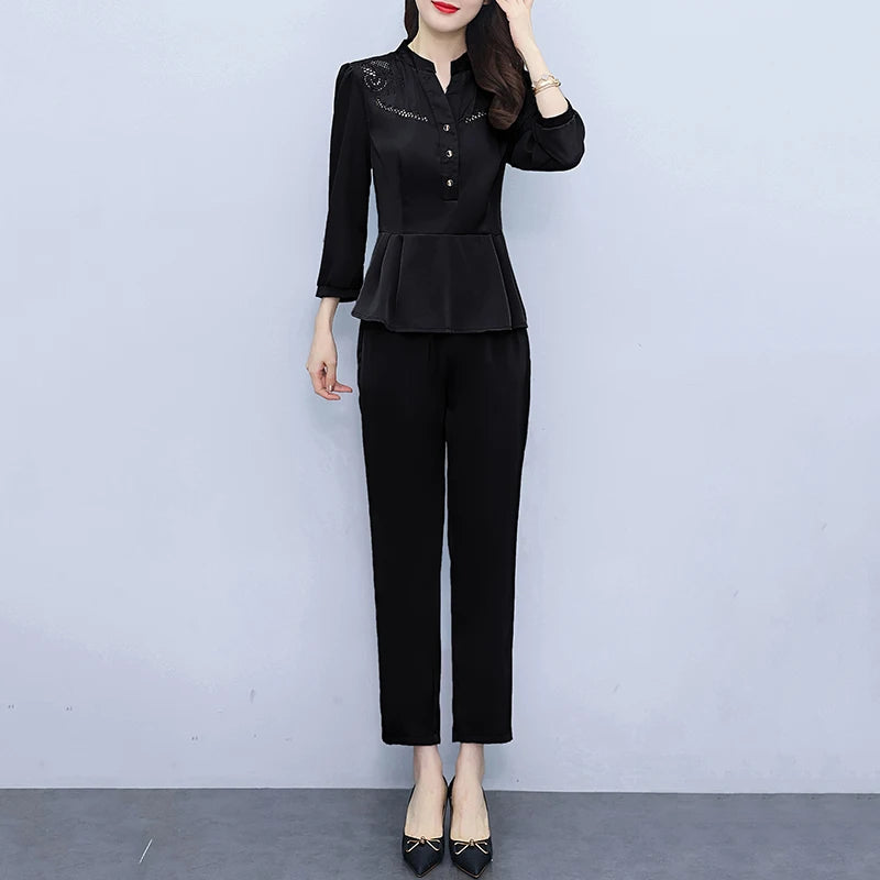 Amay New Spring Autumn Pants Sets For Women 2 Pieces Fashion Elegant Oversize Stand Collar Folds Hem Slim Female Suits