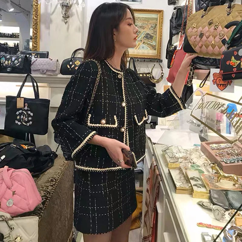 Amay Women Fried Street Tweed Suit New Spring Autumn Wool Jacket + Skirt Female Fashion Loose Tweed Skirts Two-Piece Set