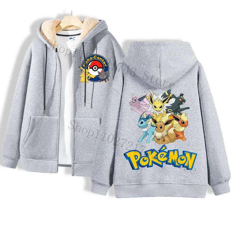 Maxy Pokémon Lamb Wool Coat for Men Women Pikachu Anime Cartoon Fashion Zipper Hooded Jacket Boys Girls Winter Warm Hip Hop Coats