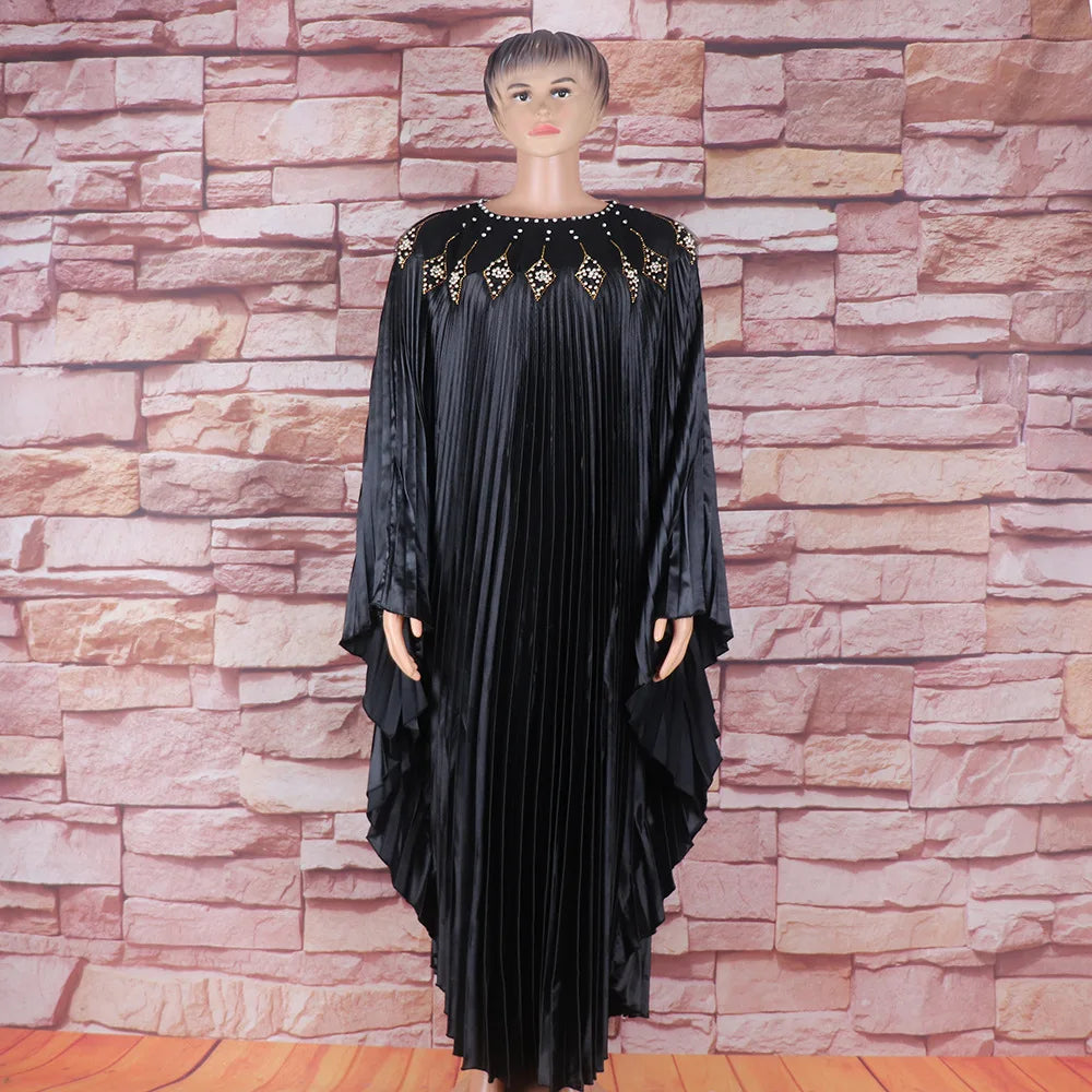 Maxy Women Pleated Diamonds Loose Maxy Evening Dress Djellaba Boubou Robe African Ankara Dashiki Dubai Turkey Abaya Kaftan Party Gown