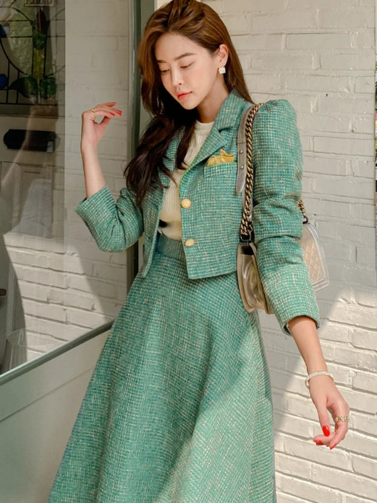 Maxy Women Two piece Set Korean Chic French Temperament V-neck Pearl Button Puff Sleeve Short Jacket + High Waist Swing Skirt Suits