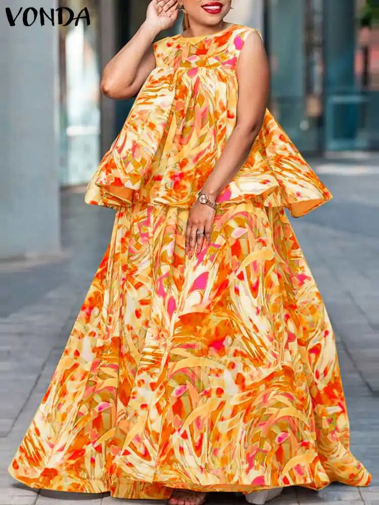 Maxy Plus Size VONDA Women Summer Dress Sets Oversize Sleeveless Tops and Maxy Skirt Bohemian Printed Sets 2PCS Loose Sets