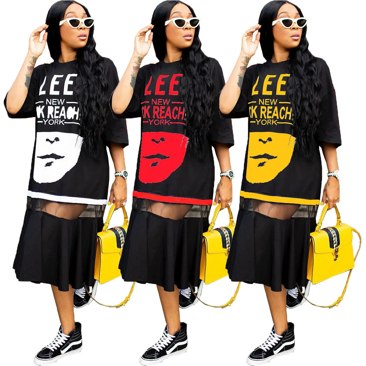 Maxy 4XL Big Size Women's Clothing Hip Hop T-shirt Dress Harajuku Rock Long Tee New Loose Tops Dance Colour Block Streetwear