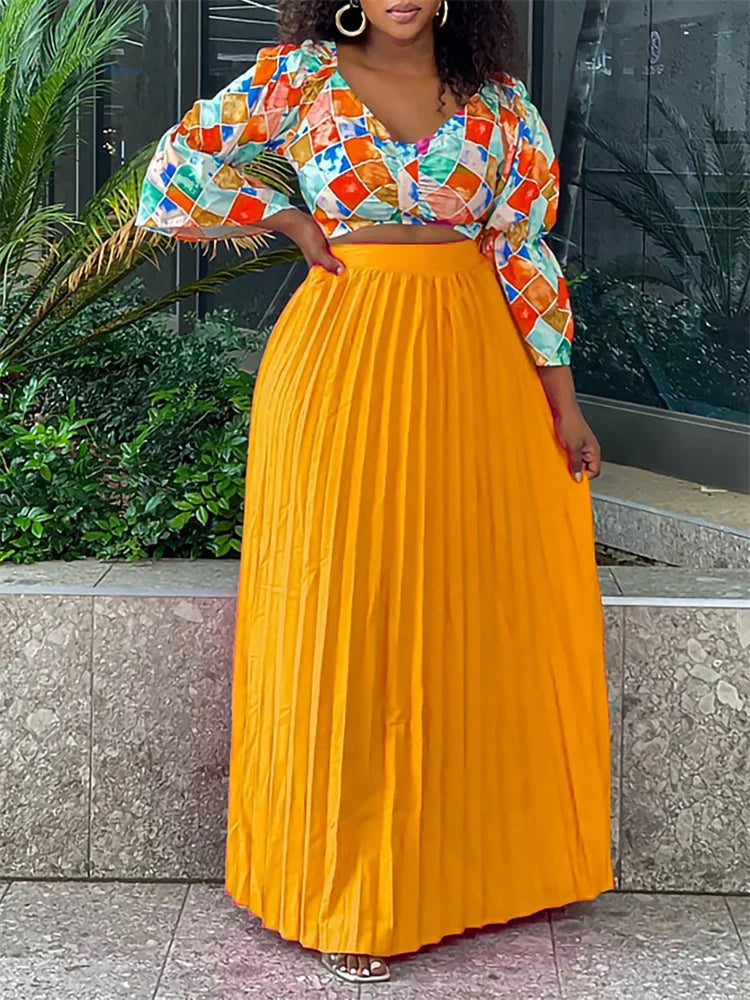 Maxy Women Two Piece Set Fashion Autumn V Neck Long Sleeve Print Blouse Pleated High Waist Long Skirt Elegant Two Piece Suit
