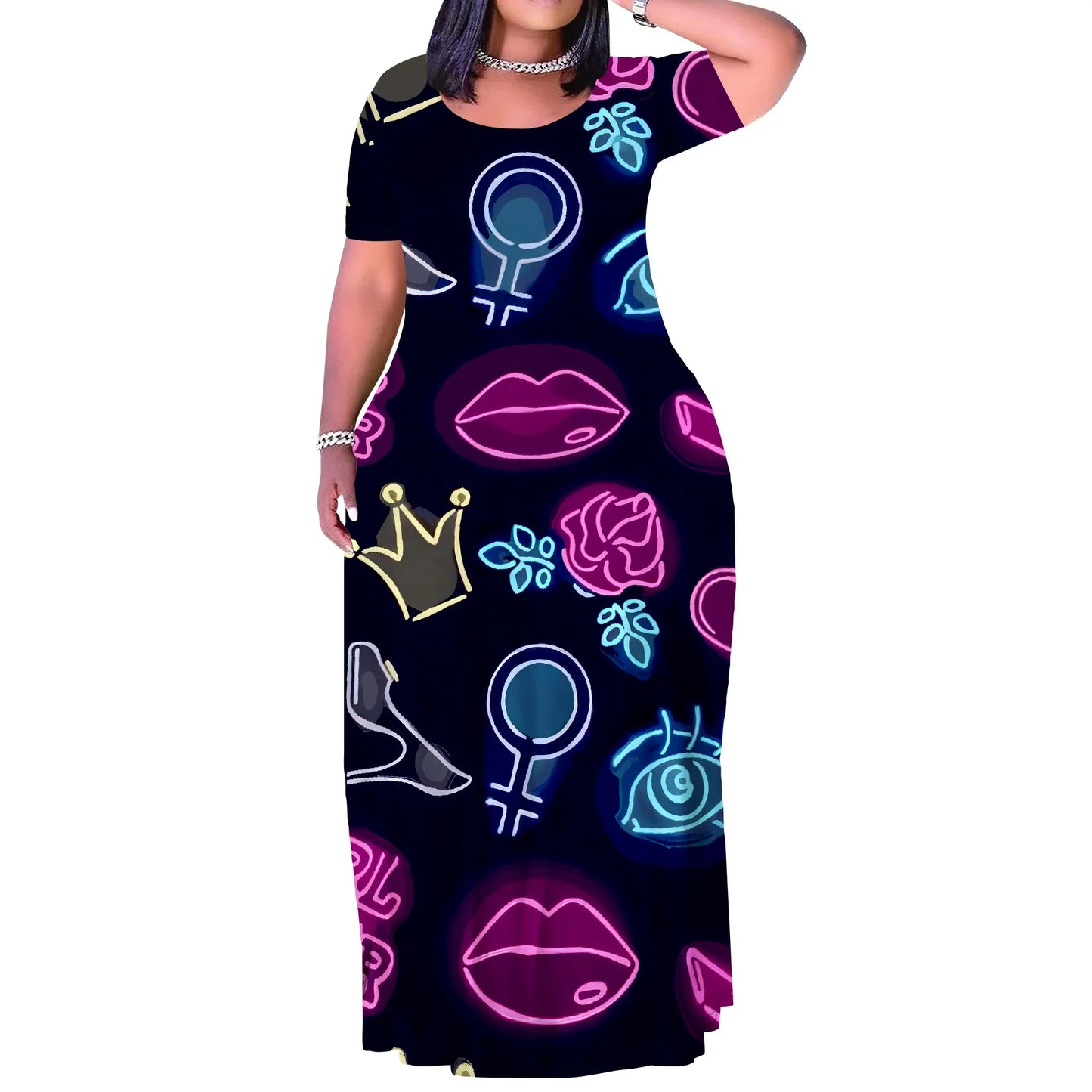 Maxy Plus Size Long Dress Sexy Outfits for Women Printed Loose Cute Dress