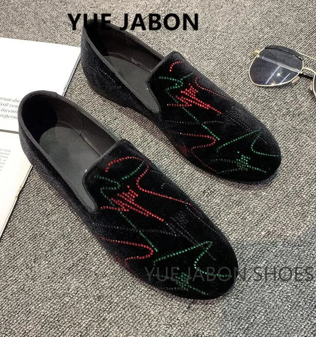 Visco New Fashion Men Rhinestone Shoes British Men's Flats Smoking Slippers Men Loafers Dress Shoes Black Casual Shoes Gladiator Mens