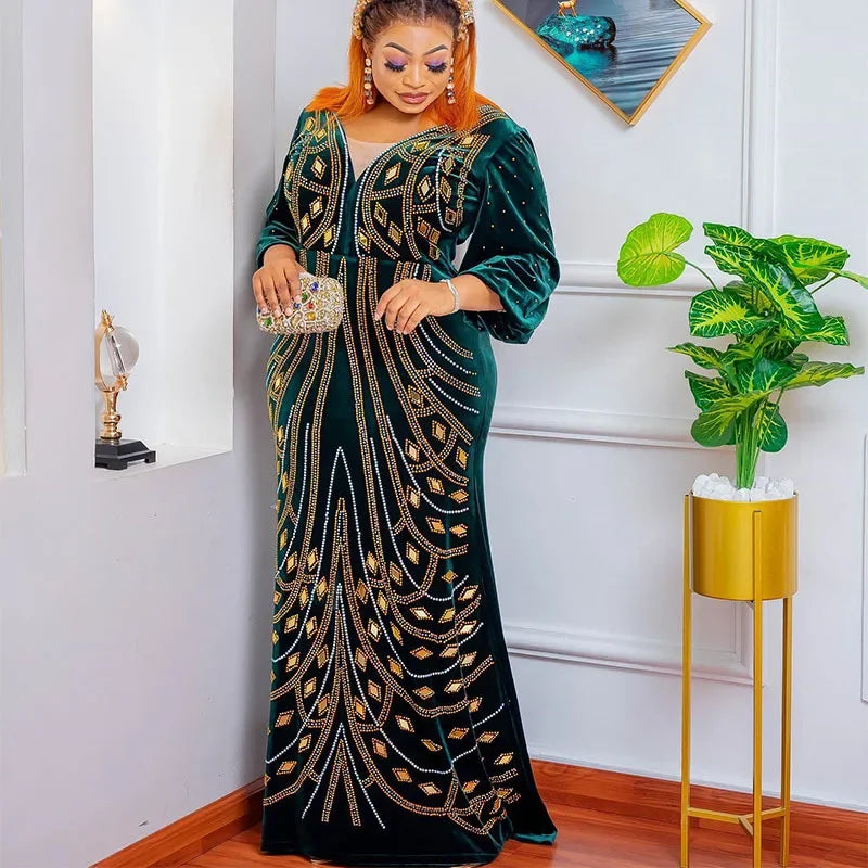 Maxy African Party Long Dresses for Women Velvet Evening Gowns Turkey Outfits Robe Africa Clothing