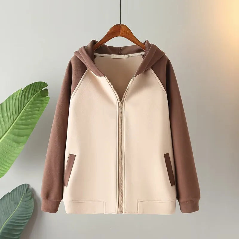 Maxy Plus Size Women's Clothing Autumn Winter Hoodies &Sweatshirts Hooded Long Sleeves Mixed color Warm Sweatshirt With Fleece Inside