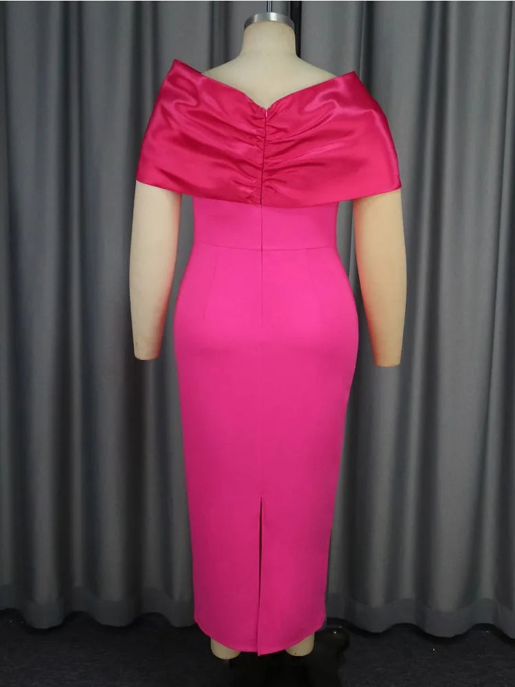 Maxy Off Shoulder Plus Size Midi Dresses with Pearl Embellishments and Bow Perfect for Cocktail Parties Weddings and Formal Occasions