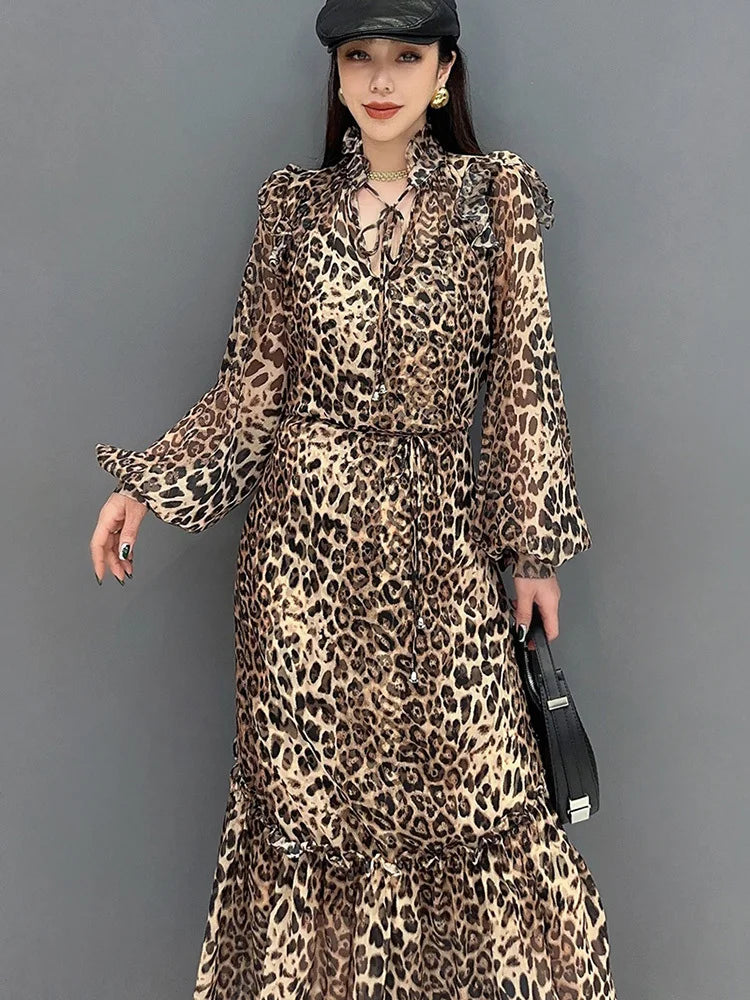 Babs Spring Summer New Dress Chiffon Printed Leopard Pattern Spliced Long Sleeved Ruffle Edge Elegant Dresses 5R9651