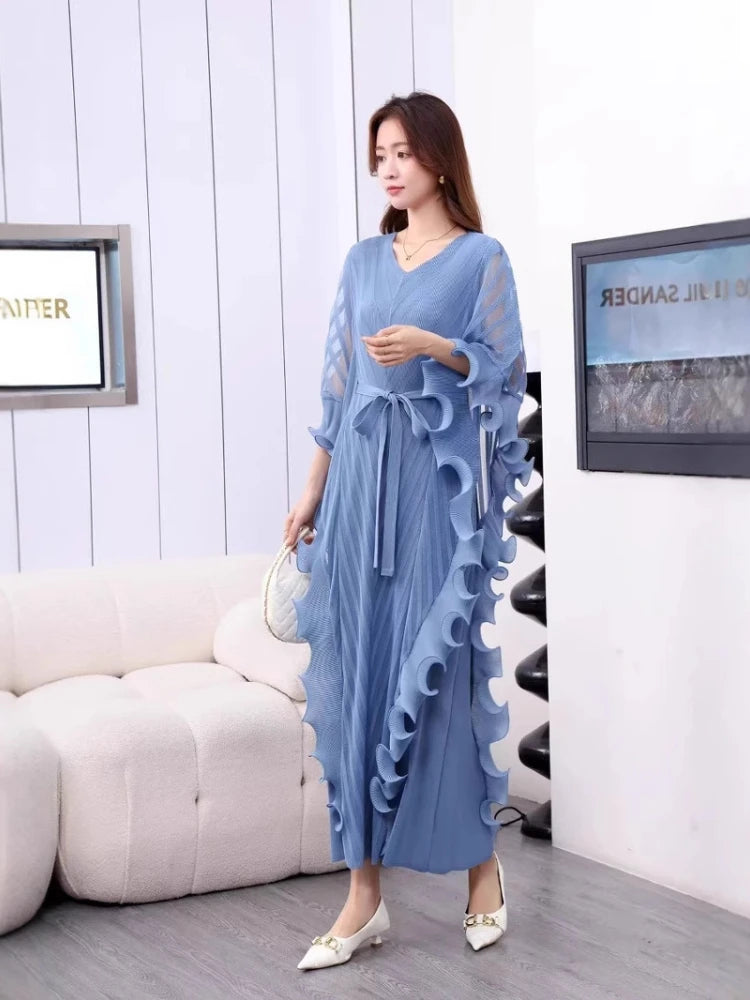 Maxy Autumn New Ruffles Pleated Dress Women V Neck Hanging Loose Style Dresses with Belt Female Elegant Clothing 9R3802